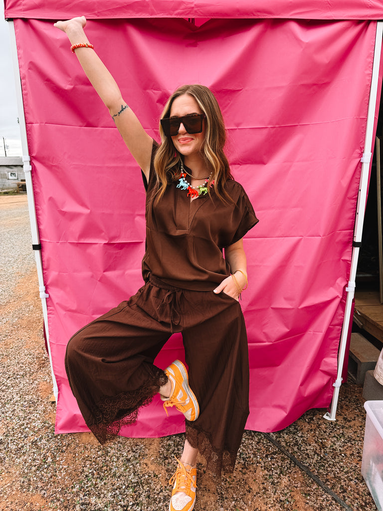 Brown Cropped Lace Trim Barrel Pants