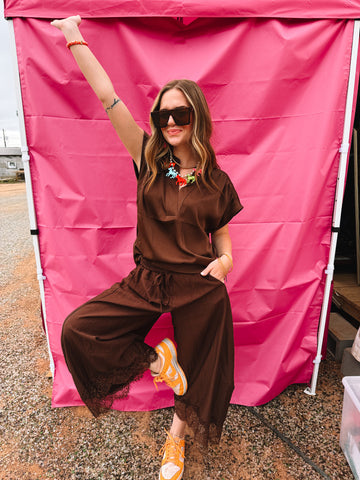 Brown Cropped Lace Trim Barrel Pants
