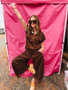 Brown Cropped Lace Trim Barrel Pants